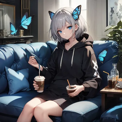 (((1 person　gray hair　sit on the sofa　blue eyes)))　((high resolution　short hair　hoodie　black skirt　rin々funny face))　((close-up))...