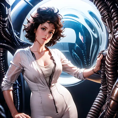 ((xenomorph alien)) alien movie ((ellen ripley))  a woman 30 years hold wearing small white panties and white tight vest top, br...