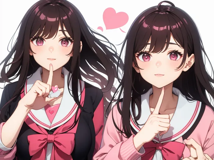 Korean hand heart, finger heart style, cute heart Korean, salanghaeyo, white background, one hend, pink heart, only hand and heart, anime, cute school girl