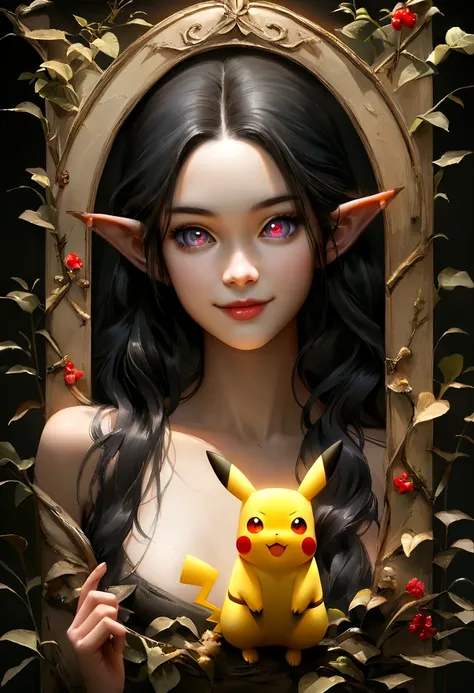 Black Hair, Long Hair, Pikachuを擬人化，Fuji frame, Pikachu, Pikachuの耳, Variegated eyes, Pointed Ears, smile, Young people, Conceptual Art, realism, Chiaroscuro, Anatomically correct, Textured skin，Delicate，