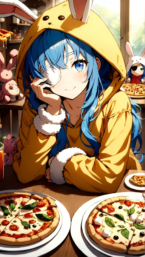 1girl, animal ears, animal hood, blue eyes, blue hair, eyepatch, food, hand on own face, hand puppet, hood, indoors, long hair, looking at viewer, pizza, plate, puppet, rabbit ears, rabbit hood, smile, solo, stuffed animal, stuffed toy, table