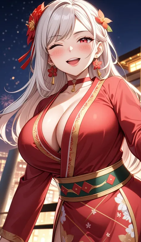 ((One personの女性)), Beautiful Face, eye focus,Laughing embarrassedly,((Wink:1.8)),Laugh with your mouth wide open((Bright red cheeks:1.4)),Glossy pink lips,night,rooftop,Festive decorations,You can see the ocean, firework,Laughing with your mouth open,Gloss...