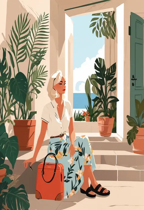 there is a woman sitting on a porch with a suitcase, in style of digital illustration, illustration style, flat illustration, stylized digital illustration, digital illustration -, trend on behance illustration, #illustration, colorfull illustration, edito...