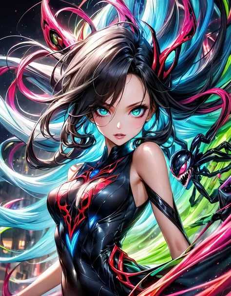 atmosfera sangue diamond aadira homen de ferro terror dark furious evil Goku sexy Angelina jolie,loira Verde neon In a mesmerizing cascade of color and light, an enchanting anime Venom spider girl candroites viewers with her ethereal beauty. Her delicate f...