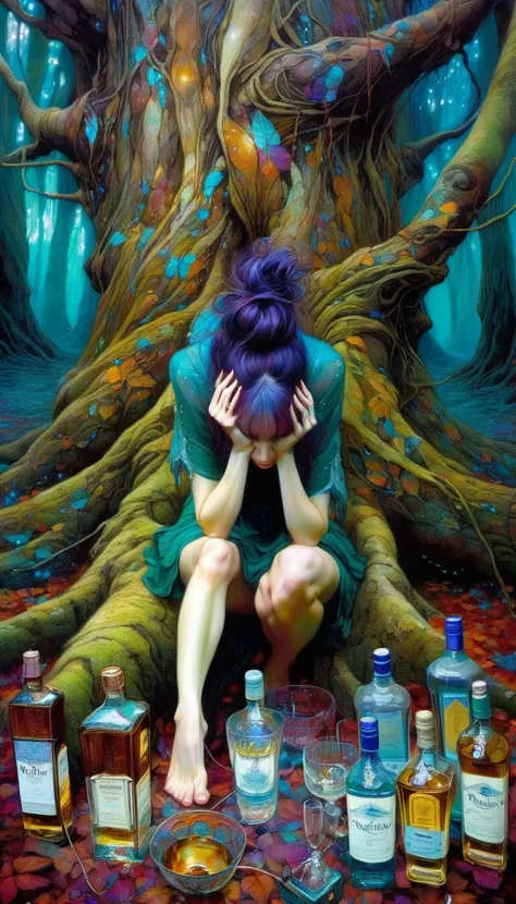 a dejected woman sitting at the bottom of a tree in a magical forest, three cups of liquor on the ground,(art inspired by Brian Froud and Carne Griffiths and Wadim Kashin, intricate details, oil painting)
