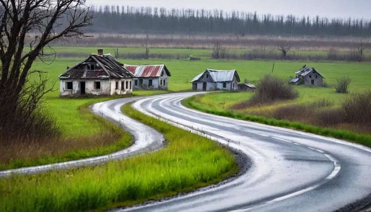 lonely car driving on the road, seen from afar, several abandoned houses in the landscape, sinister environment