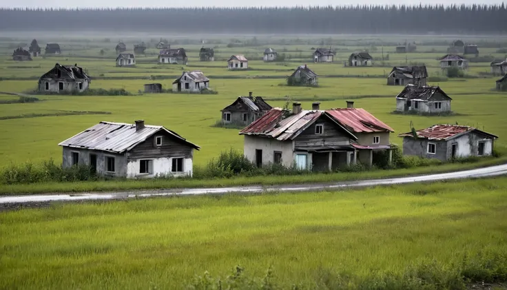 lonely car driving on the road, seen from afar, several abandoned houses in the landscape, sinister environment