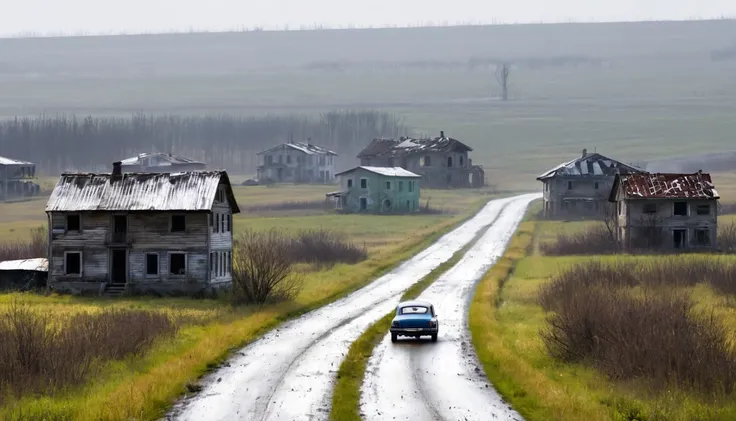 lonely car driving on the road, seen from afar, several abandoned houses in the landscape, sinister environment