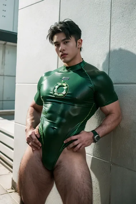 A hansome man in style,(in English: Green Lantern) is a DC Comics superhero.  lined lips, sexy tight green leotard, covered navel,  muscular, tight skin, All green sexy wear , muscular man,  Looking at the Viewer,  (realism: 1.5), (Realisitc: 1.4), (Absurd...