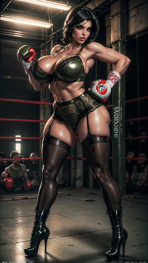 (best quality,highres:1.2), (ultra-detailed), (realistic:1.37), (HDR,UHD), (physically-based rendering), (curvy voluptuous Denise Milani), ((olive green leather and lace bra:1.3)), ((leather and lace boxing shorts:1.3)), ((sexy nylon stockings:1.3)), ((sho...