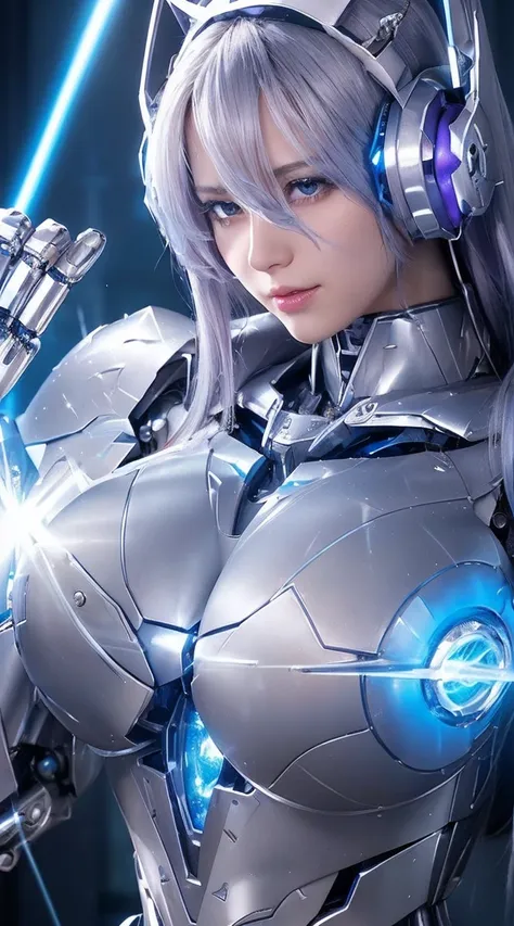 ((Extreme close up:1.6))、(((Lenses shining on both breasts:1.3)))、((Blue pillars of light radiate from both of his chests..:1.3))、break、(((Dynamic pose:1.8)))、smile、((8K)), ((32k)), ((Highest quality)), ((masterpiece)), ((超A high resolution)), ((Tmasterpie...