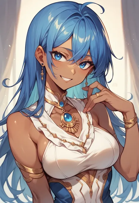 Anime Style, Sexy smile, dark skin:0.8, blue eyes