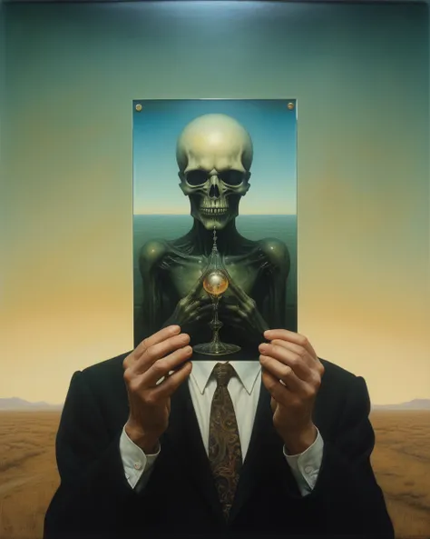 oil painting of a being holding a 2d tarot card from the future by giger beksinski by william eggleston reflections in chrome an...