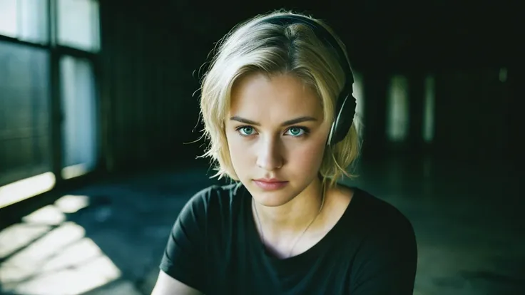 Beautiful blonde with big breasts in a black T-shirt (In a dark abandoned building, he is sitting with tears streaming down his face, his eyes covered with a black cloth.),Wearing headphones,Very detailed, 21 years old, Innocent face, Naturally Wavy Hair, ...