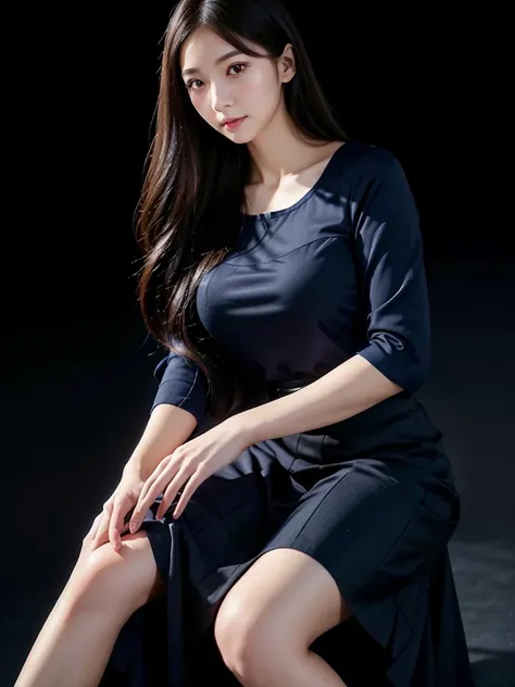 Navy blue mid-length skirt  、blouse、(Highest quality)、((Very detailed))、4K、(8K)、masterpiece、Super detailed、Highest quality、Super Resolution、One person、Kind Face、Soft Light、Raw quality、Soft Skin、Heel、Thighs、163cm、bouquet:1.5