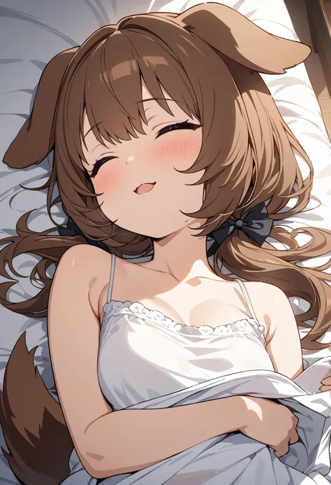 masterpiece, best quality, extremely detailed, anime, Chibi girl, Lolita,short,dog ears, dog tail, brown hair, camisole, sleeping, happy, ((holding a large white business shirt,)) on bed,