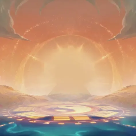 There is a painting depicting the sun setting over water., Kingdom of Light Background, Arena Background, background technology, background technologywork, odins stone Arena Background, Golden hour background, Stunning mysterious background, Magic battlefi...