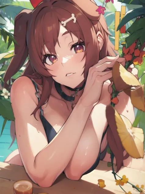 1.5),(girl),(Dynamic pose),Brown Hair,(Vermilion eyes),(first round),Big Breasts,Swimwear