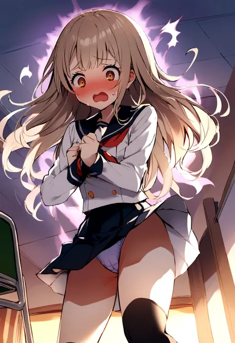 One cute girl　Evening Classroom　In uniform　Fair skin　Light brown hair　Medium long hair　Skirt type uniform　The underwear is white　A girl is taking off her underwear　Surprised and embarrassed　super high quality