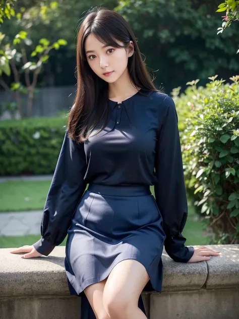 Navy blue mid-length skirt  、blouse、(Highest quality)、((Very detailed))、4K、(8K)、masterpiece、Super detailed、Highest quality、Super Resolution、One person、Kind Face、Soft Light、Raw quality、Soft Skin、Heel、Thighs、163cm、bouquet:1.5