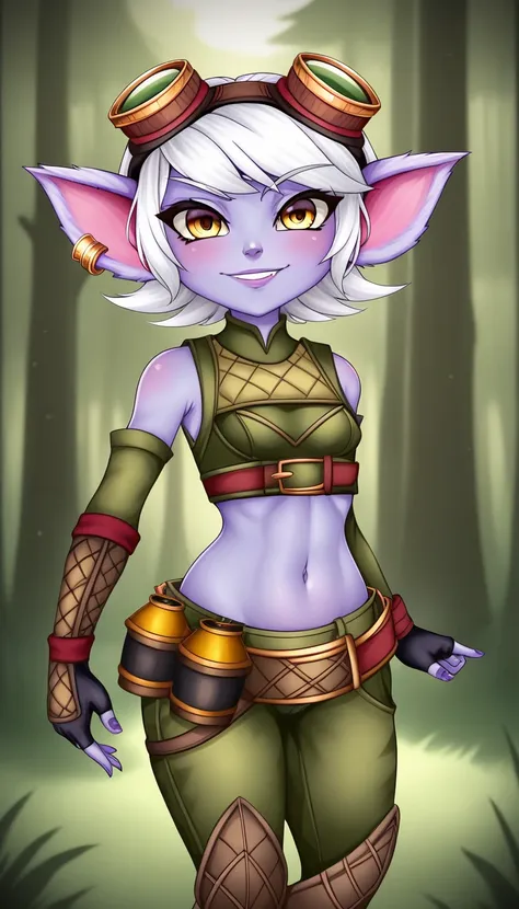 tristanalolxl, yordle, yellow eyes, pointy ears, white hair, short hair, earrings, googles on head, purple skin, colored skin. s...