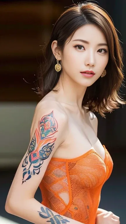 Anime-style woman, thin, thin, whole body, Full of tattoos, Lots of earrings, Beautiful and shiny hair, Rainbow Eyes, Slanted Eyes, Wavy Hair, Kind and charming, shoulderを露出させる, Delicate and sexy collarbone, Attractive oval face, double eyelid, Pink Lips, ...