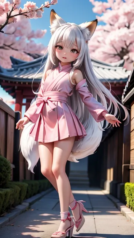 Best quality, hyper-high detail, very high res, Extremely detailed CG, Realism，absurd res，fox ear，Huge colorful fox tail， 8K,Colorful, A 20-year-old nine-tailed fox girl,japanaese girl，Light turtleneck shirt，Detailed clothing patterns，tiese，(full body:1.3)...