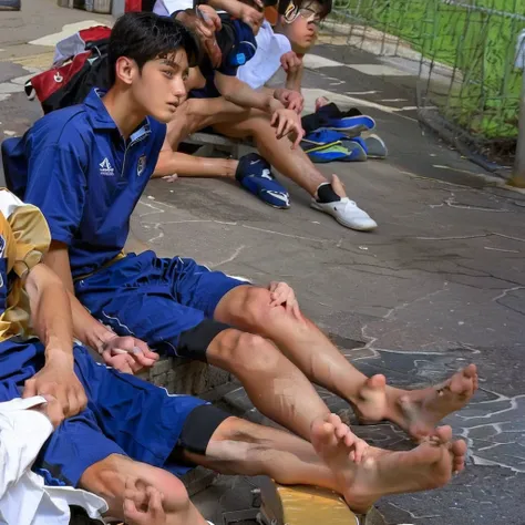 several young boys sitting on a bench with their backs to the camera, wearing a school soccer uniform, sitting on the ground, focus on his foot, feet posing, candid shot, detailed shot legs-up, close-up on legs, feet on the ground, boys, relaxing after a h...