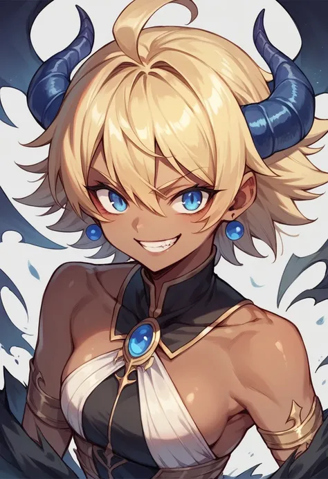 Anime Style, evil smile, dark skin:0.7, blue eyes, Blonde