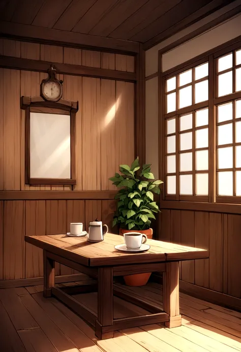 A fantastic and bright wooden room、There is hot coffee on the table