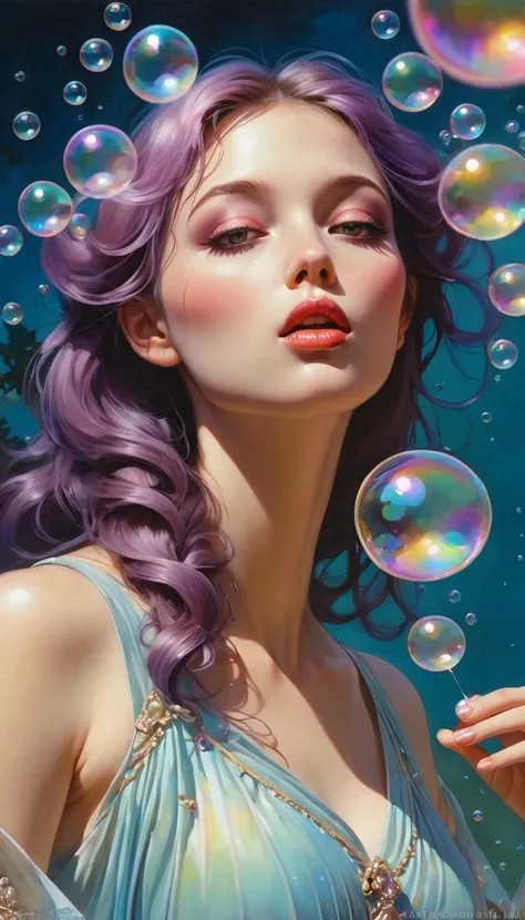 A painting of a woman in a dress blowing bubbles, Roysh and Wow, Mysterious Bubbles, Moebius + Roysh + Wow, Dreamy details, intricate Wow, A close-up fantasy using the magic of water, fairy tale artwork, Fairy tale painting, Anna Dittmann style, Wow art, R...