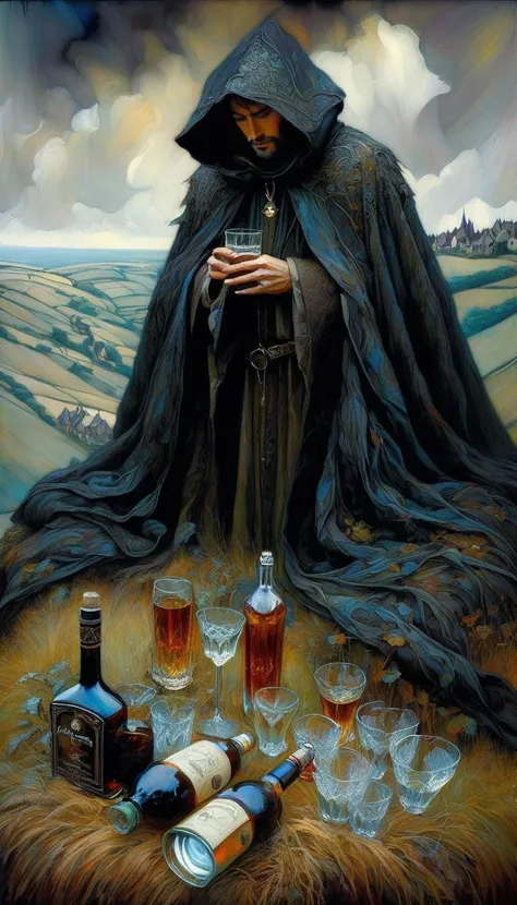 a man in a big black cloak on a small hill, sadness, standing, five glasses of liquor on the ground, medieval village in landscape view (art inspired by Brian Froud and Carne Griffiths and Wadim Kashin, intricate details, oil painting)
