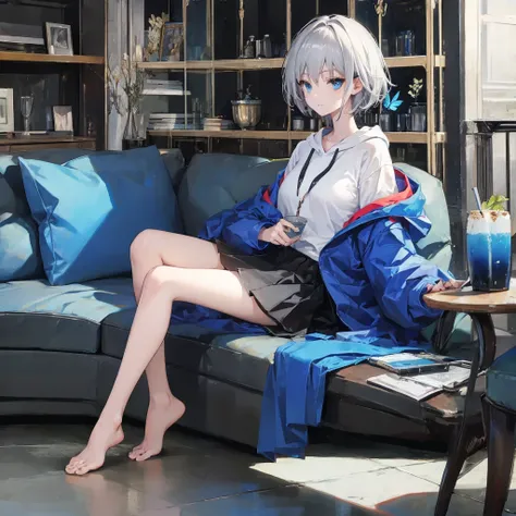 (((1 person　gray hair　sit on the sofa　blue eyes)))　((high resolution　short hair　hoodie　black skirt　rin々funny face))　((look to th...