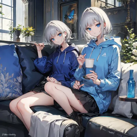 (((1 person　Gray Hair　Sit on the sofa　blue eyes)))　((High resolution　short hair　hoodie　Black Skirt　Rin々Funny face))　((Look to the side))　((Blue Butterfly　Asahi　Shining Aura　Catch the wind　Holding a cup　Drink coffee))　(smile　Bathed in light)　Shining Backgro...