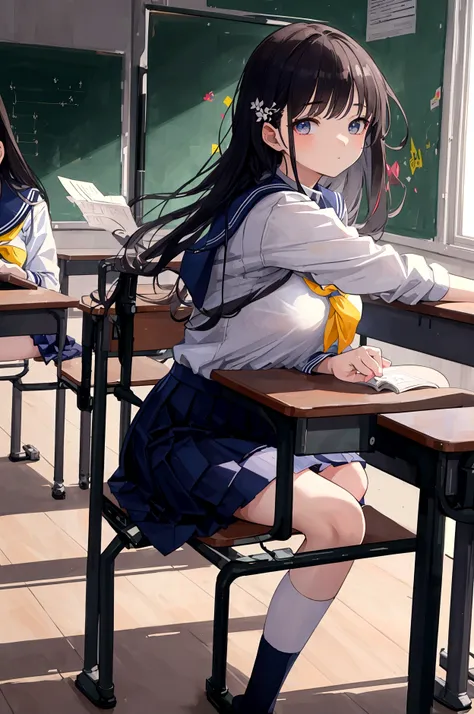 ((Best masterpiece, Perfect quality, Ultra detailed)), A student girl is wearing school-uniform. In the classroom