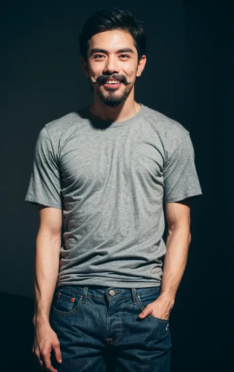 1boy, short hair, black hair, smile, teeth, mustache, facial hair, beard, (white t-shirt), jeans, (isolated on dark-grey backgroud:1.2), dynamic pose, (soft lighting:1.2), shot on Canon EOS 5D, best quality, ultra high res, (photorealistic:1.4), masterpiec...