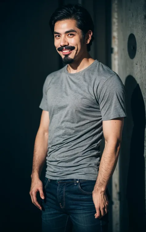 1boy, short hair, black hair, smile, teeth, mustache, facial hair, beard, (white t-shirt), jeans, (isolated on dark-grey backgroud:1.2), dynamic pose, (soft lighting:1.2), shot on Canon EOS 5D, best quality, ultra high res, (photorealistic:1.4), masterpiec...