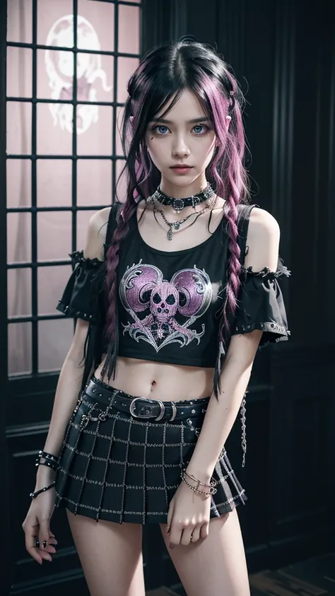 (Ultra-detailed eyes), (((textile shading))), (((Best Quality))), (((masutepiece))), (((Ultra-detailed CG))), sassy girl, (((magical ))), (), (tiny chest), black hair, black hair, black hair, black hair, Spooky Season In Punk hairstyle, ((messy hair, gorge...