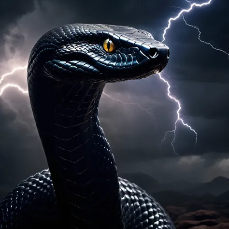 a highly detailed and cinematic illustration of a black cobra, dramatic lightning in the background, hyperrealistic, chiaroscuro lighting, moody and atmospheric, dark fantasy, digital art