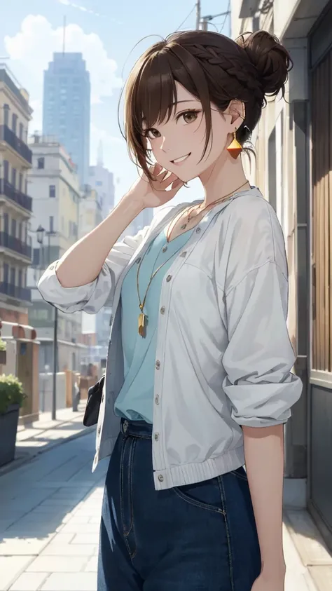 The background is the city、Skyscraper、Busy downtown area(Highest quality、masterpiece、High resolution)、、((Right beside、Woman profile、))、(Detailed depiction of a beautiful face）、Suit jacket、A kind smile、Medium Short Hair、Brown Hair、Braiding、、
information(Hig...