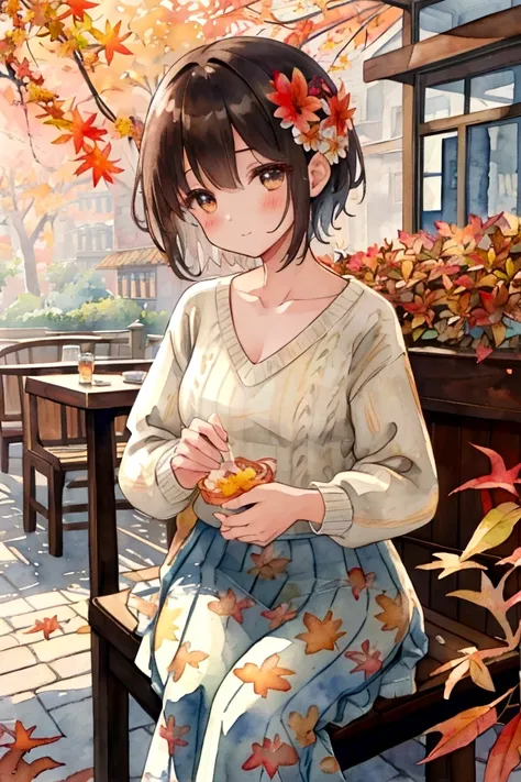 ((Ultra-detailed)、restaurant、Terrace seats、beautiful flower、autumn&#39;s、autumn leaves、Watercolor pattern in muted colors)、(Watercolor Texture)、((One Girl)、short hair、cute、V-Neck Knitwear、Long skirt、