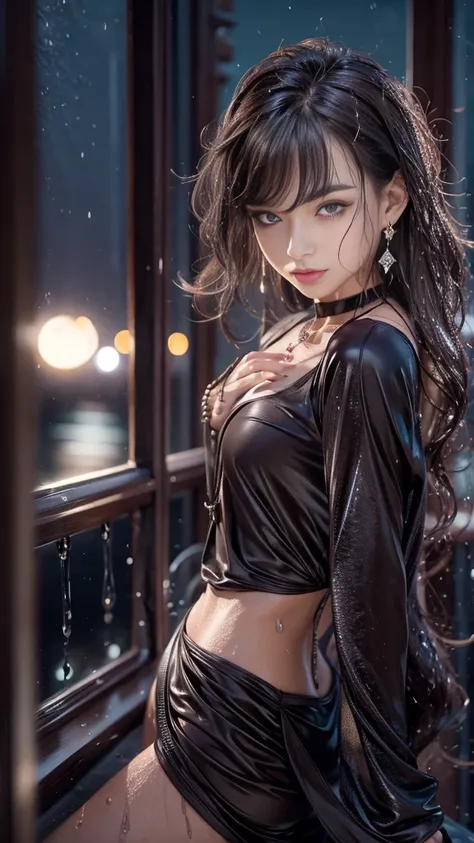 ((32k:1.5, Highest quality, masterpiece, Ultra-high resolution), Perfect dynamic composition, Professional camera work:1.6, Highly detailed skin and face textures:1.3, Mysterious portrait:1.2, Very accurate, Very detailed, One Girl, ((Night view from the r...