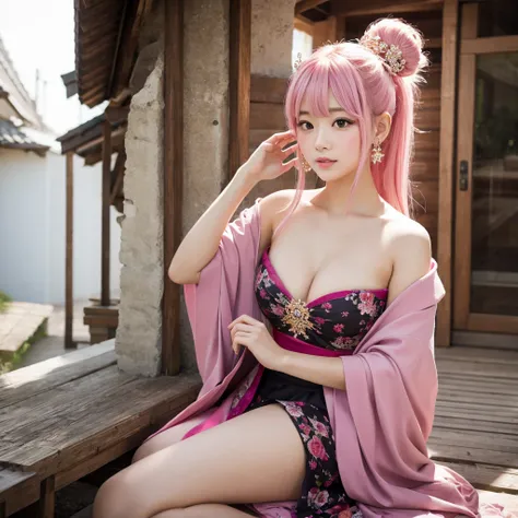 An illustration　Pink Hair　Japanese style　Completely naked　girl　Wearing hair ornaments