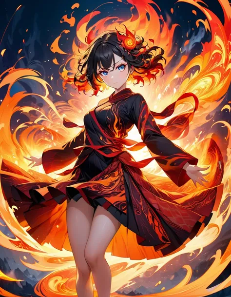 Decalcomania fire, 1woman, fully body, dynamic pose, hyperdetail eyes and face, vibrant reds and oranges, swirling flames, dynamic and intense patterns, heat and energy, surreal and powerful elemental scene by Satori Canton🧸