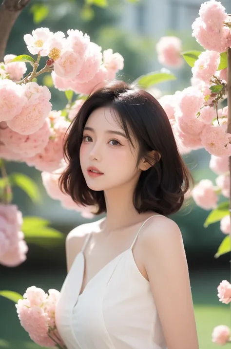 One girl,alone,Long Hair,lips,parted lips,Upper Body,Blurred Background,Floating Petals,Juru,cute,short hair,cherry_Flowers Bloom,blush,Curly Hair,