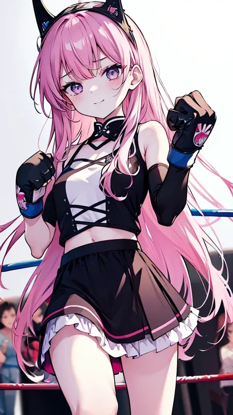 ((masterpiece)), disorganized, she is sadistic, pink long hair,beautiful white skin、 ((charming))、happy smile、perfect proportions、(((Kickboxing)))、(((Mixed wrestling))),  cute woman, baby face, BREAK source_anime, high detail, looking at viewer,POV, Enrapt...