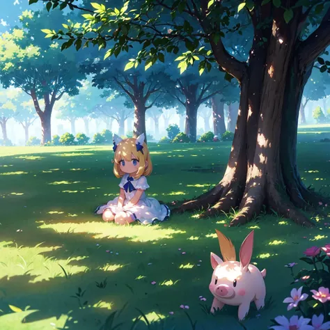 High-definition background, bright and beautiful atmosphere, 3 girls (2 years old, (1 short-tempered round face), (1 child)) (hair, surface effect), color effect), small breasts, blonde hair, wearing a white dress A girl sitting on the lawn, under a large ...