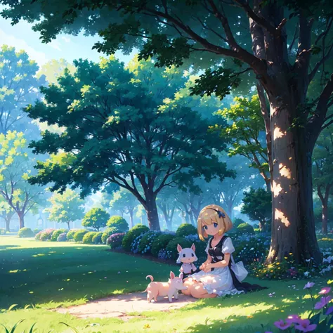 High-definition background, bright and beautiful atmosphere, 3 girls (2 years old, (1 short-tempered round face), (1 child)) (hair, surface effect), color effect), small breasts, blonde hair, wearing a white dress A girl sitting on the lawn, under a large ...