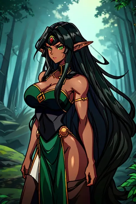 1girl,elf ears,long black wavy hair,long eyelashes,anime art style,((lineart)),muscular,((dark-skinned female)),looking at viewe...