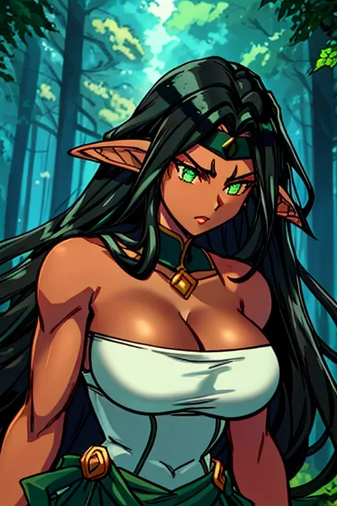 1girl,elf ears,long black wavy hair,long eyelashes,anime art style,((lineart)),muscular,((dark-skinned female)),looking at viewe...